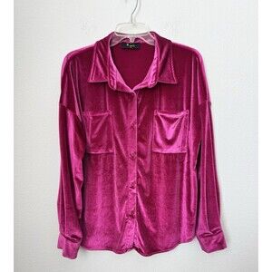 Meritt Women's Pink Long Sleeve Velour Button Down Shirt Collared Small